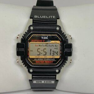 Tozai Black alarm chrono day date  digital Watch 30m WR 42mm case running